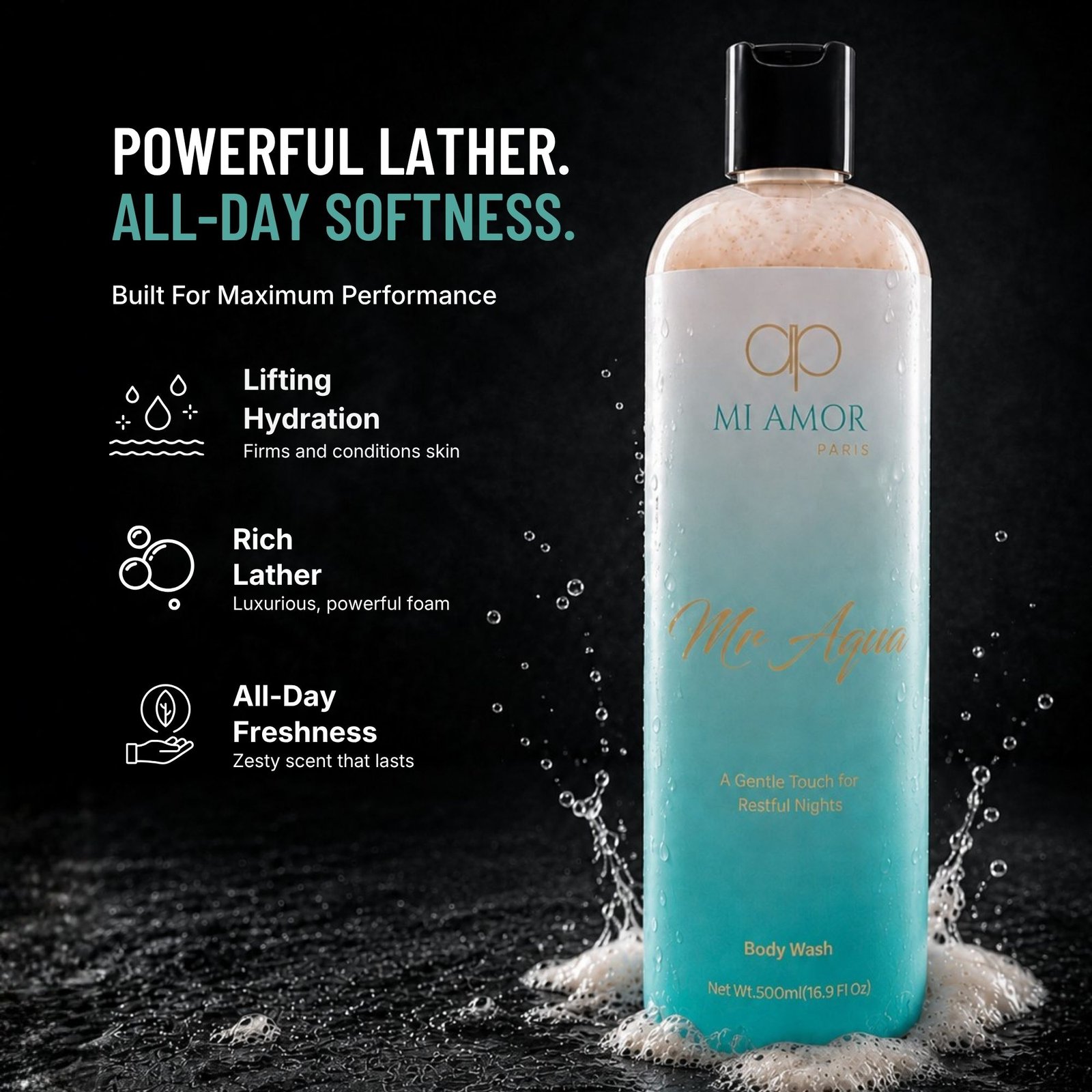 MI AMOR PARIS Mr Aqua Premium Shower Gel for Men | Refreshing Body Wash Daily Cleanser | 500 ml - Image 3