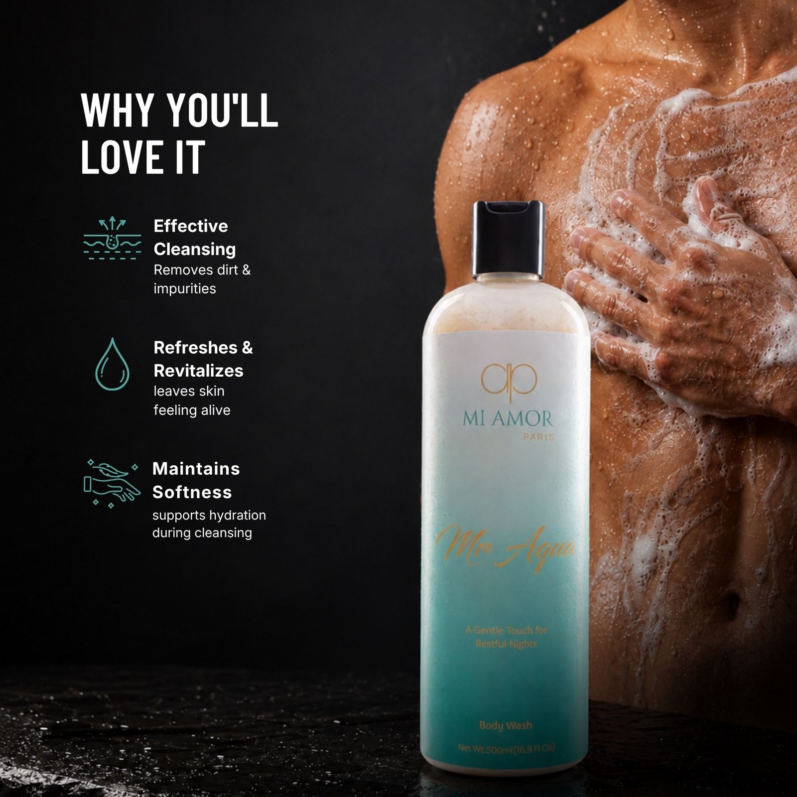 MI AMOR PARIS Mr Aqua Premium Shower Gel for Men | Refreshing Body Wash Daily Cleanser | 500 ml - Image 4