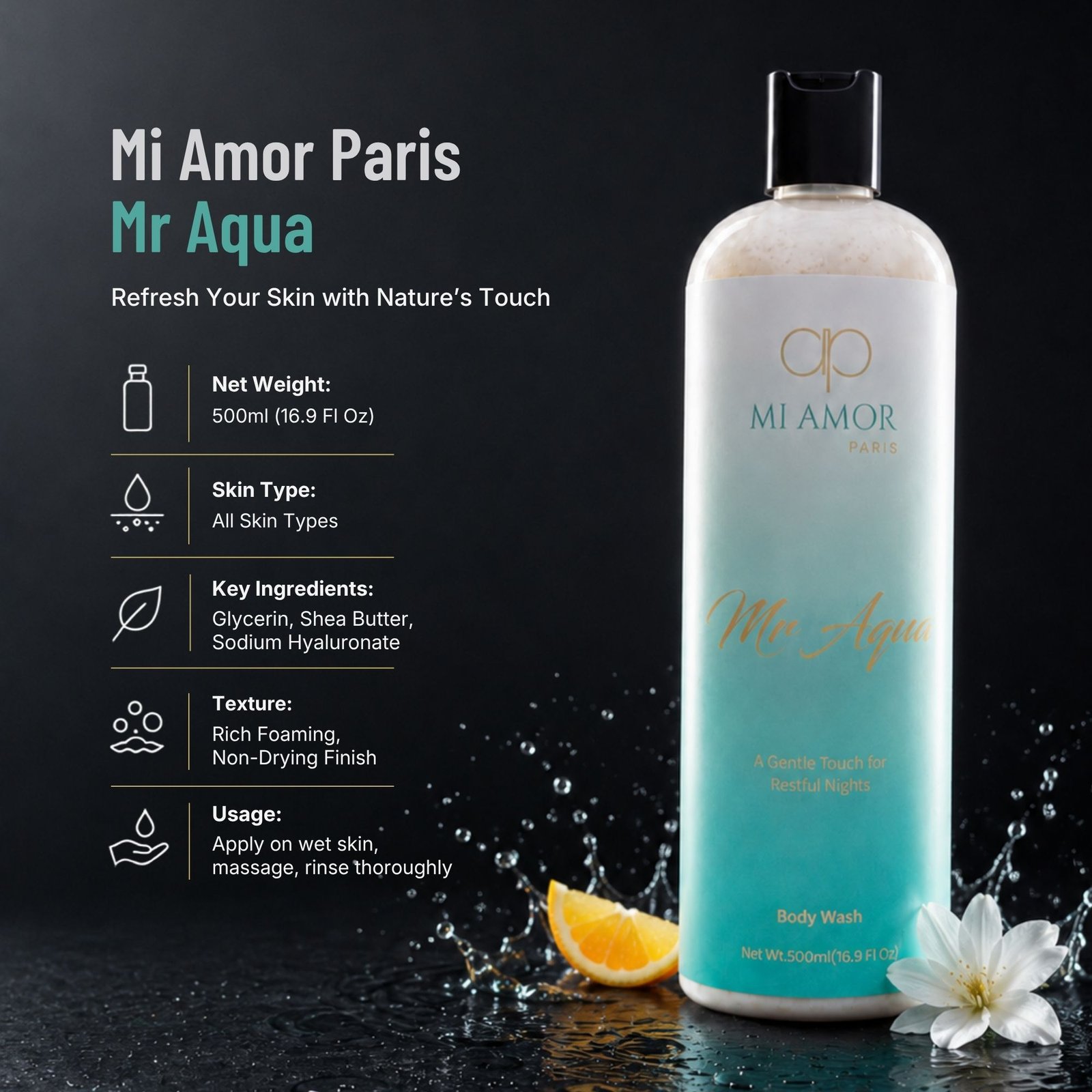 MI AMOR PARIS Mr Aqua Premium Shower Gel for Men | Refreshing Body Wash Daily Cleanser | 500 ml - Image 7