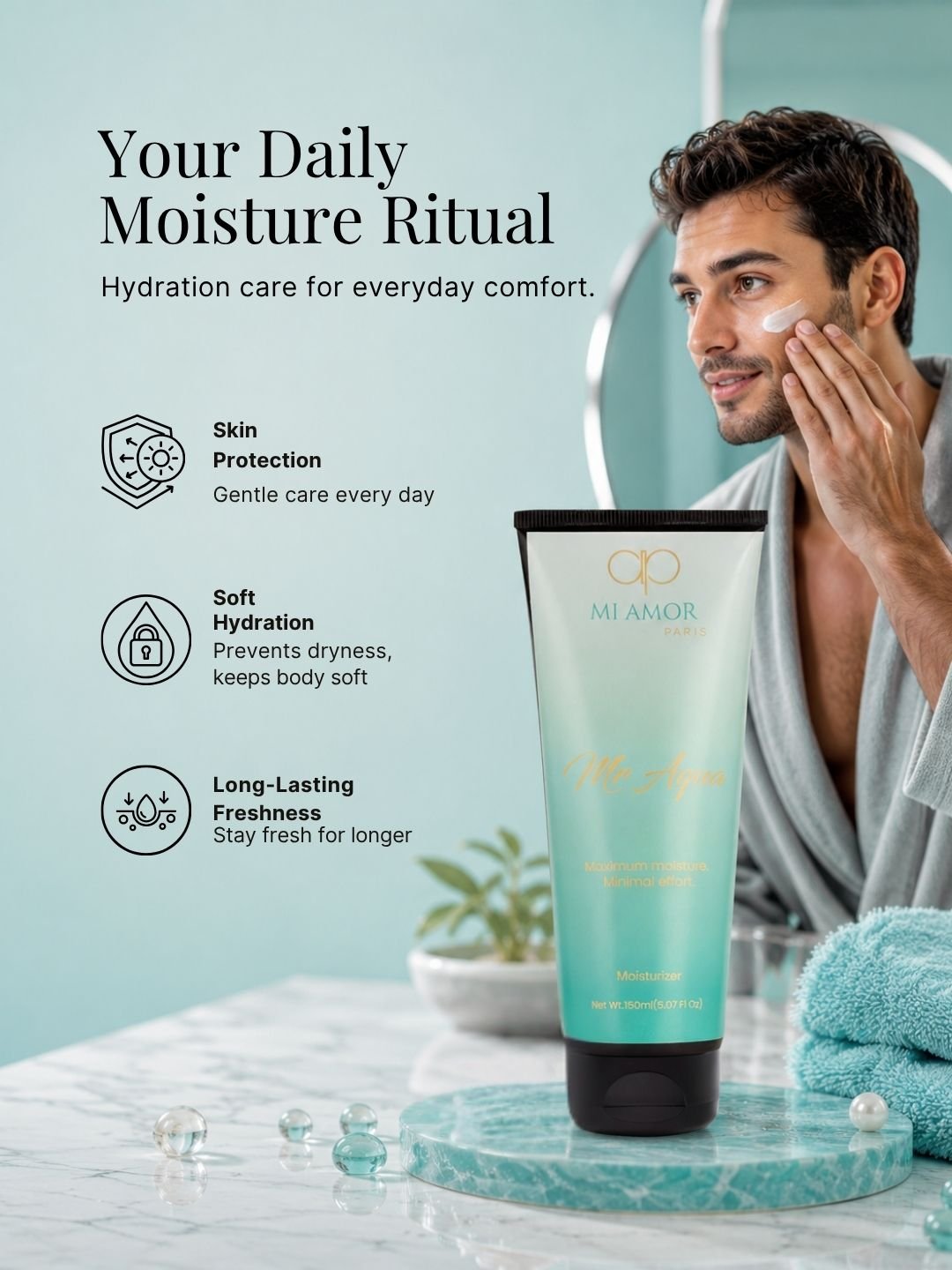 MI AMOR PARIS Mr Aqua Moisturizing Cream for Men | Face & Body Hydrating Cream with Shea Butter & Glycerin – 150ml - Image 6