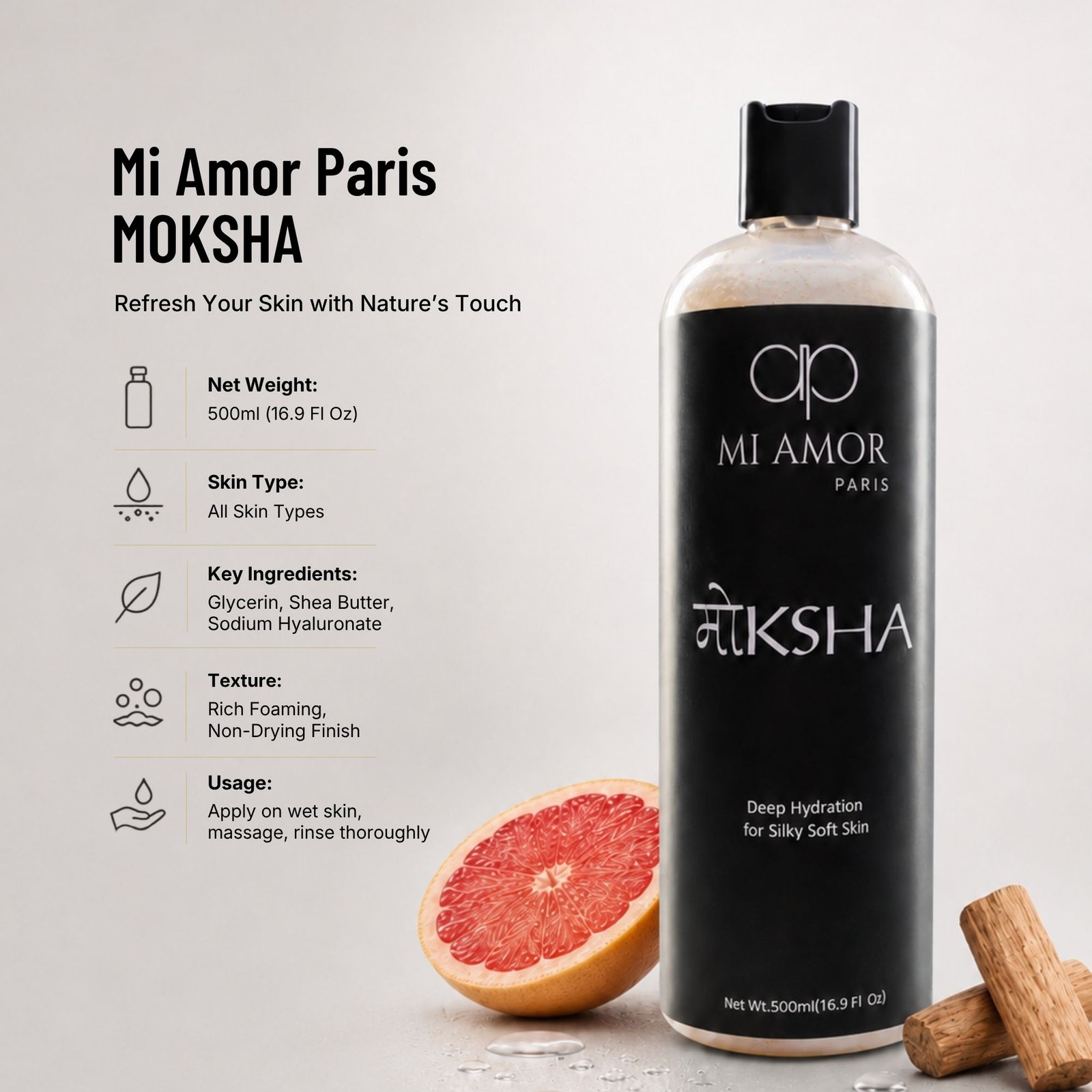 MI AMOR PARIS Moksha Body Wash for Men | Soap-Free, Sulphate-Free & Paraben-Free Formula | 500 ml - Image 7