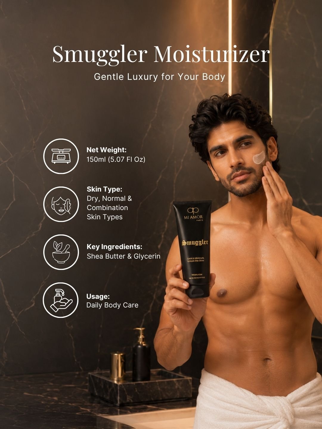 MI AMOR PARIS Smuggler Men Face & Body Moisturizing Cream – Fast-Absorbing Daily Moisturizer with Shea Butter & Glycerin (150ml) - Image 8