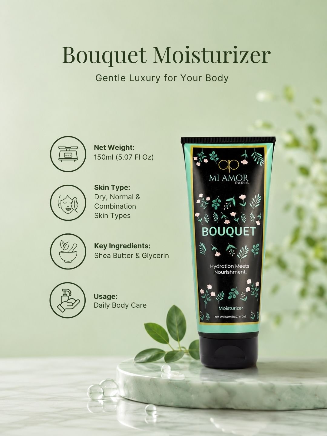 MI AMOR PARIS Bouquet Women Moisturizing Cream | Non-Greasy Daily Face, Body & Hand Moisturizer | 150ml - Image 8