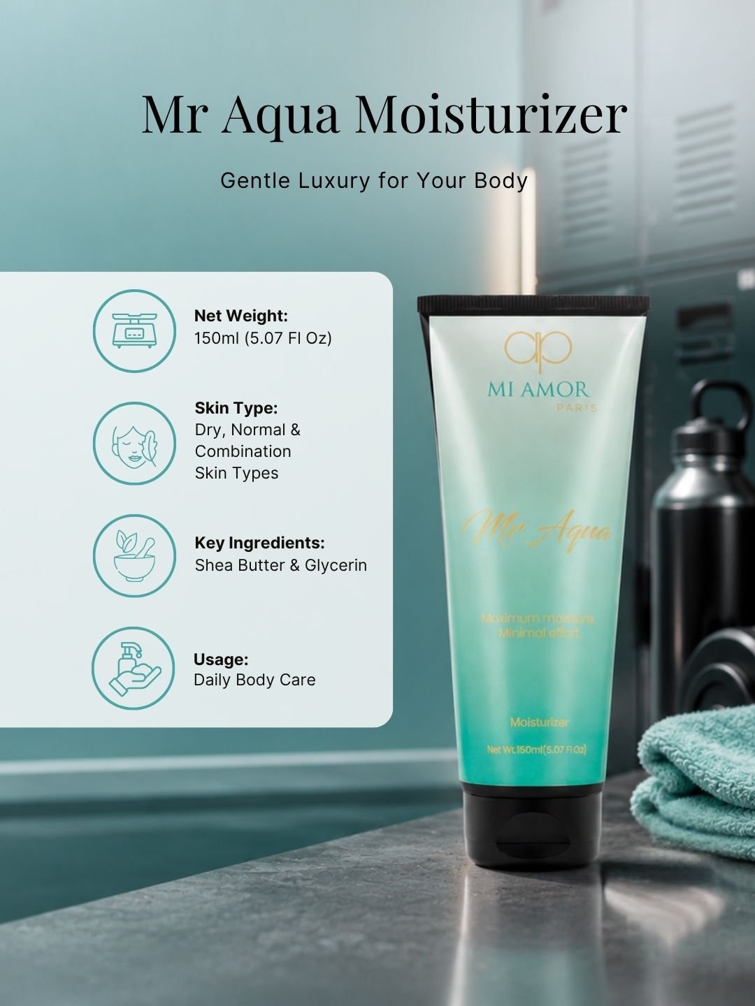 MI AMOR PARIS Mr Aqua Moisturizing Cream for Men | Face & Body Hydrating Cream with Shea Butter & Glycerin – 150ml - Image 7