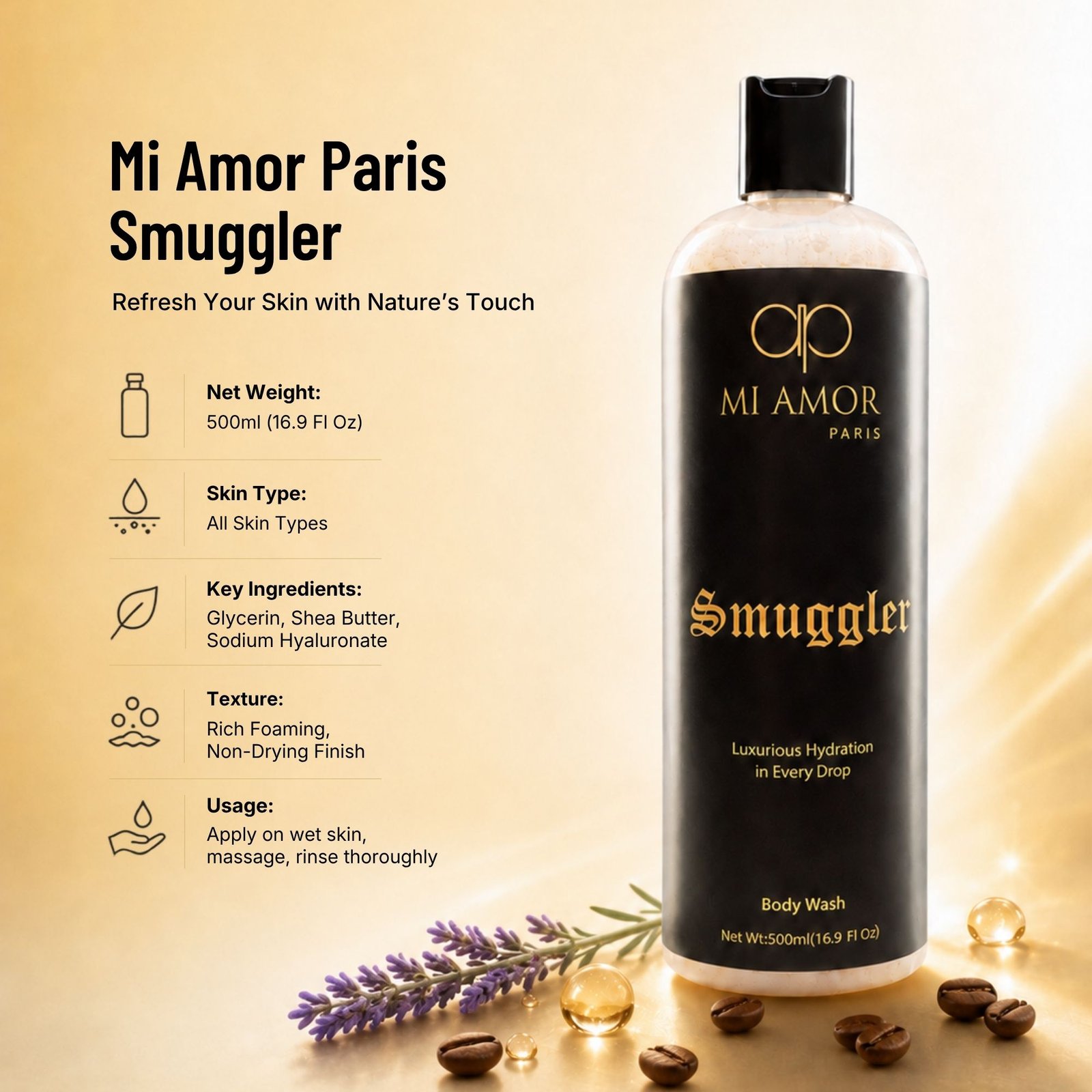 MI AMOR PARIS Smuggler Body Wash for Men | Deep Cleansing & Refreshing Formula | 500 ml - Image 7
