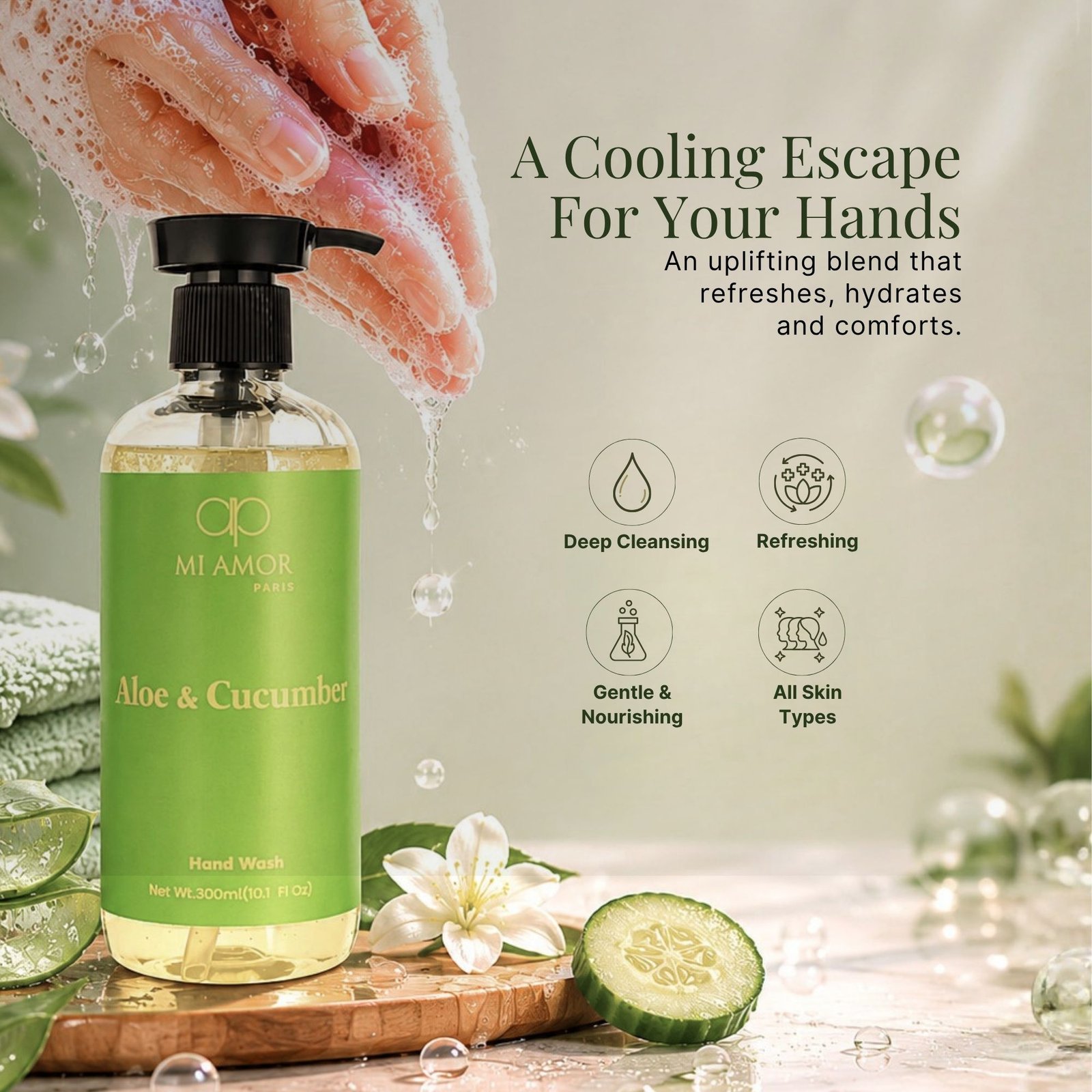 Aloe & Cucumber Liquid Handwash | Safe for All Skin Types | Moisture Lock Formula | Long Lasting Fragrance | Refreshing Aloe & Cucumber Scent | 300 ml - Image 3
