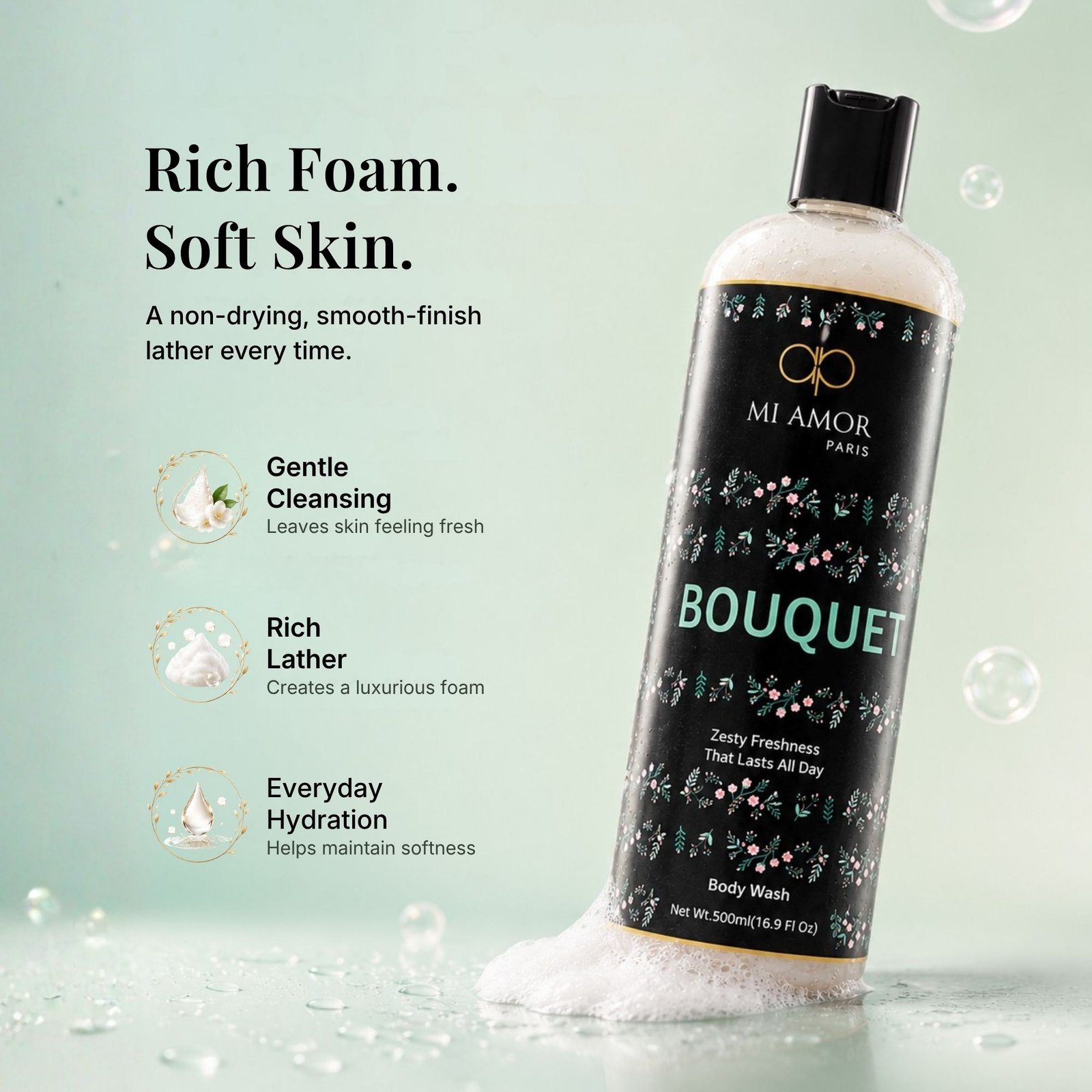 MI AMOR PARIS Bouquet Moisturising Shower Gel For Women | Gentle Daily Cleansing | 500 ml - Image 3