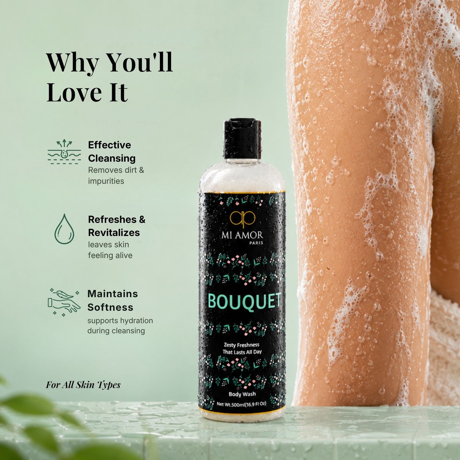 MI AMOR PARIS Bouquet Moisturising Shower Gel For Women | Gentle Daily Cleansing | 500 ml - Image 4