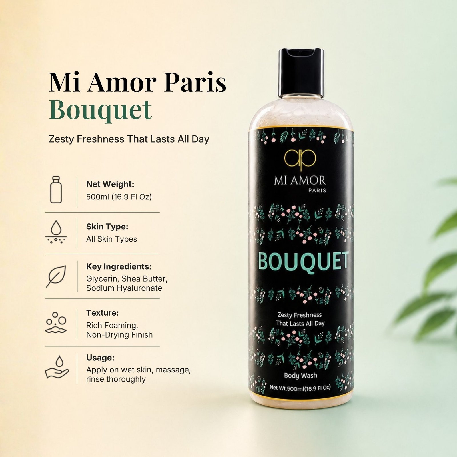 MI AMOR PARIS Bouquet Moisturising Shower Gel For Women | Gentle Daily Cleansing | 500 ml - Image 7