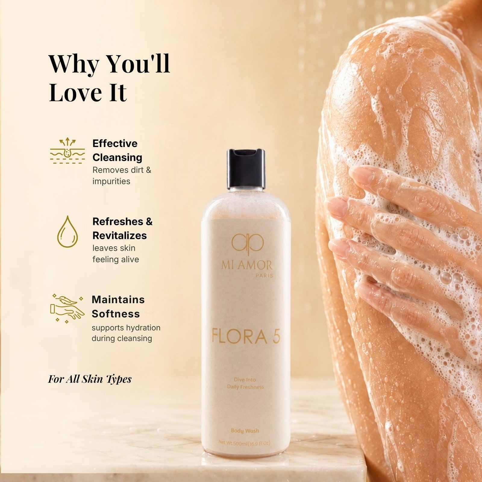MI AMOR PARIS Flora 5 Premium Shower Gel for Women | Moisturising & Skin Conditioning Formula | 500 ml - Image 4