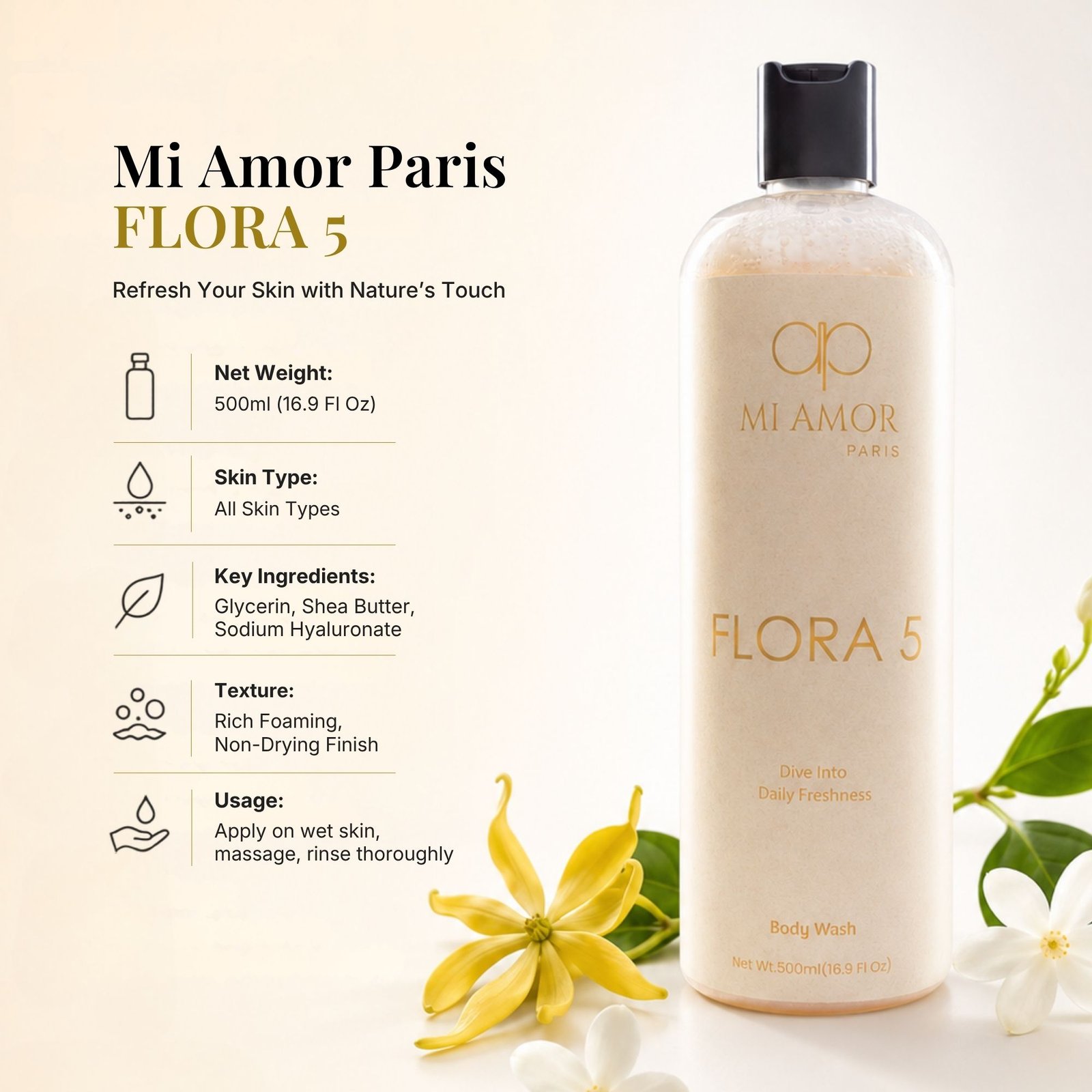 MI AMOR PARIS Flora 5 Premium Shower Gel for Women | Moisturising & Skin Conditioning Formula | 500 ml - Image 7