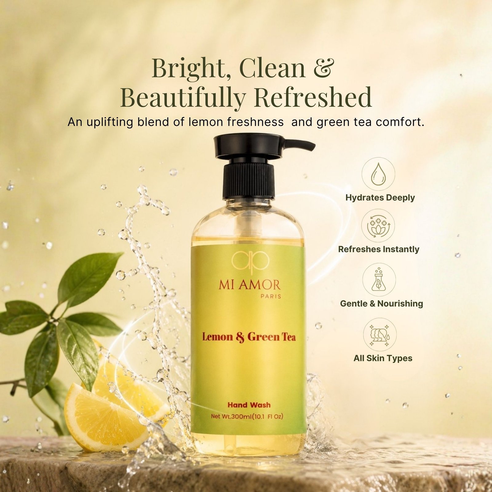 Lemon & Green Tea Moisturising Liquid Handwash | Safe for All Skin Types | Moisture Lock Formula | Refreshing Citrus & Green Tea Scent | 300 ml - Image 3