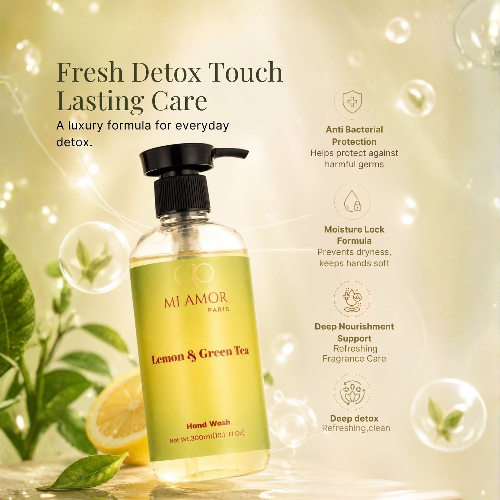 Lemon & Green Tea Moisturising Liquid Handwash | Safe for All Skin Types | Moisture Lock Formula | Refreshing Citrus & Green Tea Scent | 300 ml - Image 5