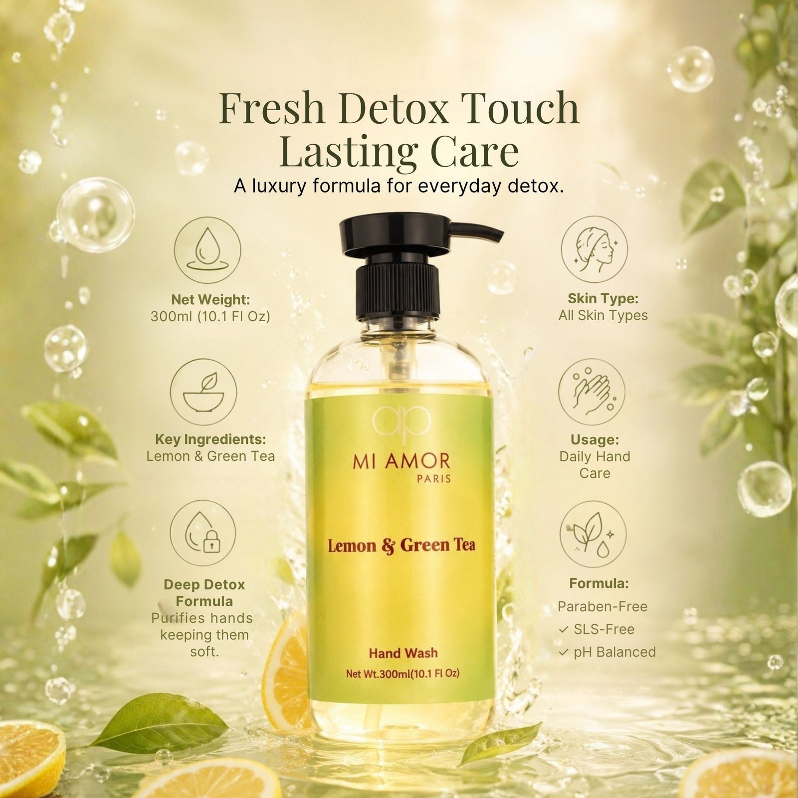 Lemon & Green Tea Moisturising Liquid Handwash | Safe for All Skin Types | Moisture Lock Formula | Refreshing Citrus & Green Tea Scent | 300 ml - Image 7