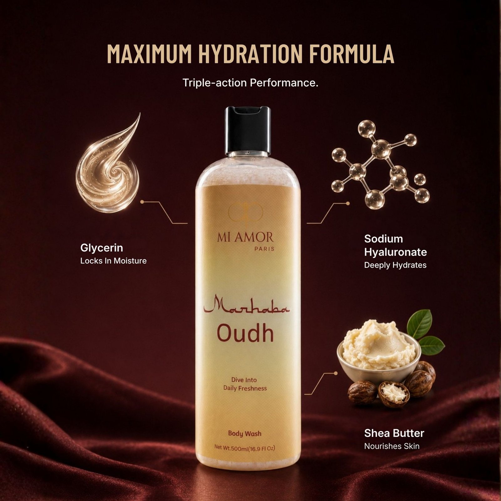 MI AMOR PARIS Marhaba Oudh Moisturising Shower Gel for Men | Rich Foam & Hydrating Formula | 500 ml - Image 2