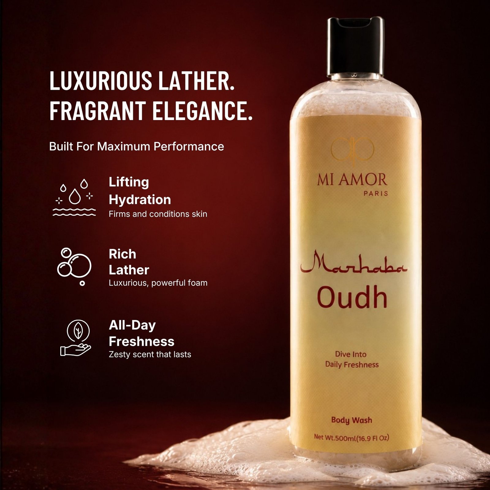 MI AMOR PARIS Marhaba Oudh Moisturising Shower Gel for Men | Rich Foam & Hydrating Formula | 500 ml - Image 3