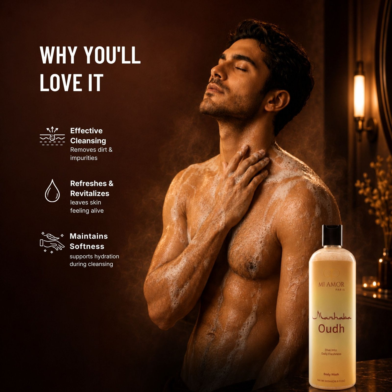 MI AMOR PARIS Marhaba Oudh Moisturising Shower Gel for Men | Rich Foam & Hydrating Formula | 500 ml - Image 4