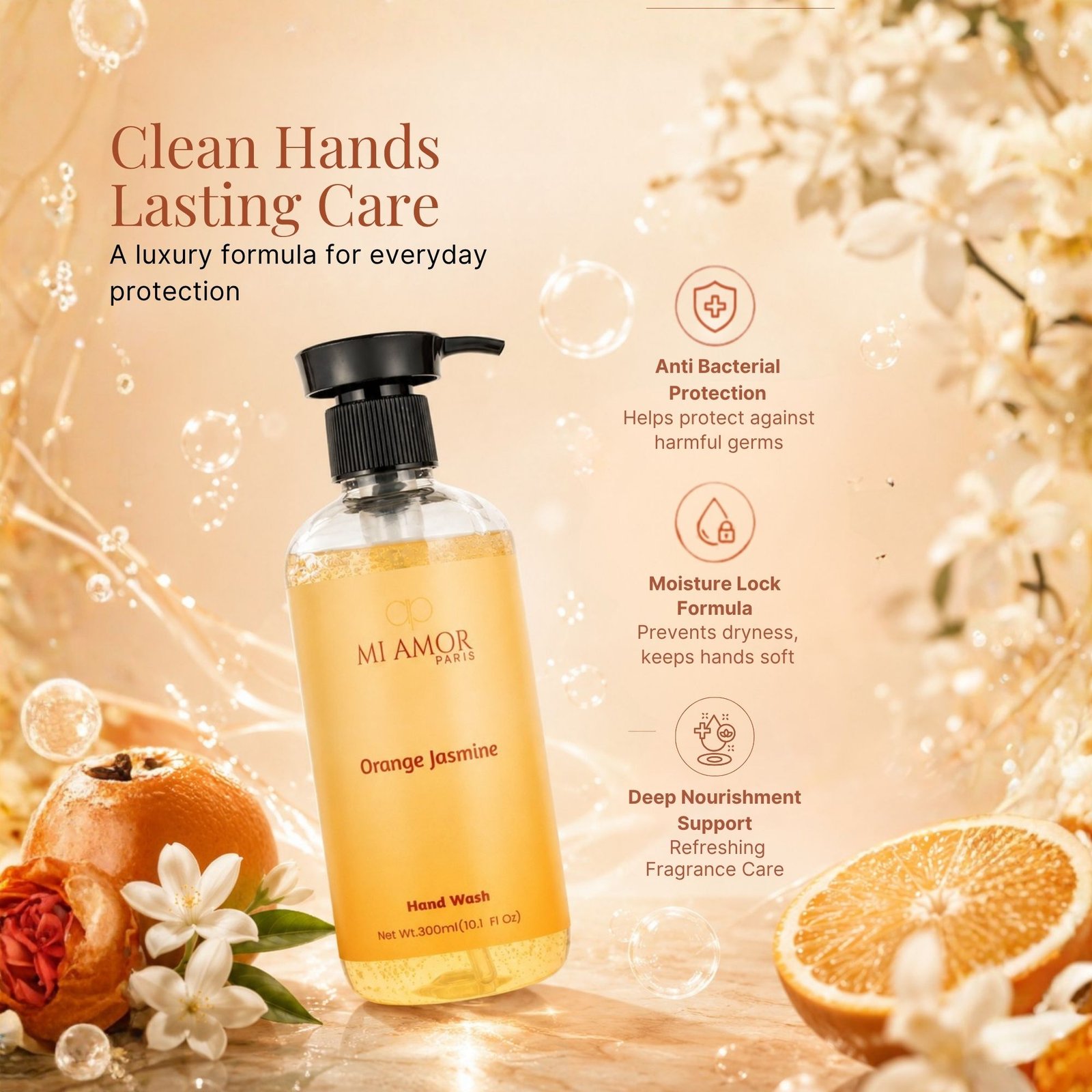 Orange Jasmine Moisturising Liquid Handwash | Long Lasting Fragrance | Moisture Lock Formula | Refreshing Citrus Floral Scent | 300 ml - Image 5