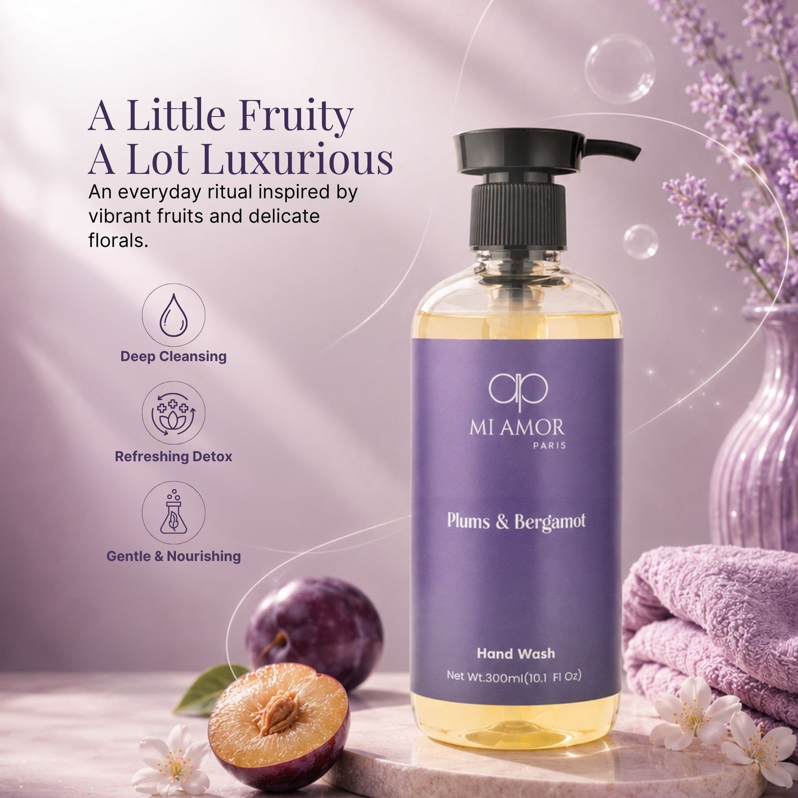 Plums & Bergamot Moisturising Liquid Handwash | Germ Protection | Long Lasting Fragrance | Luxury Liquid Hand Soap for Kitchen & Bathroom | 300 ml - Image 2