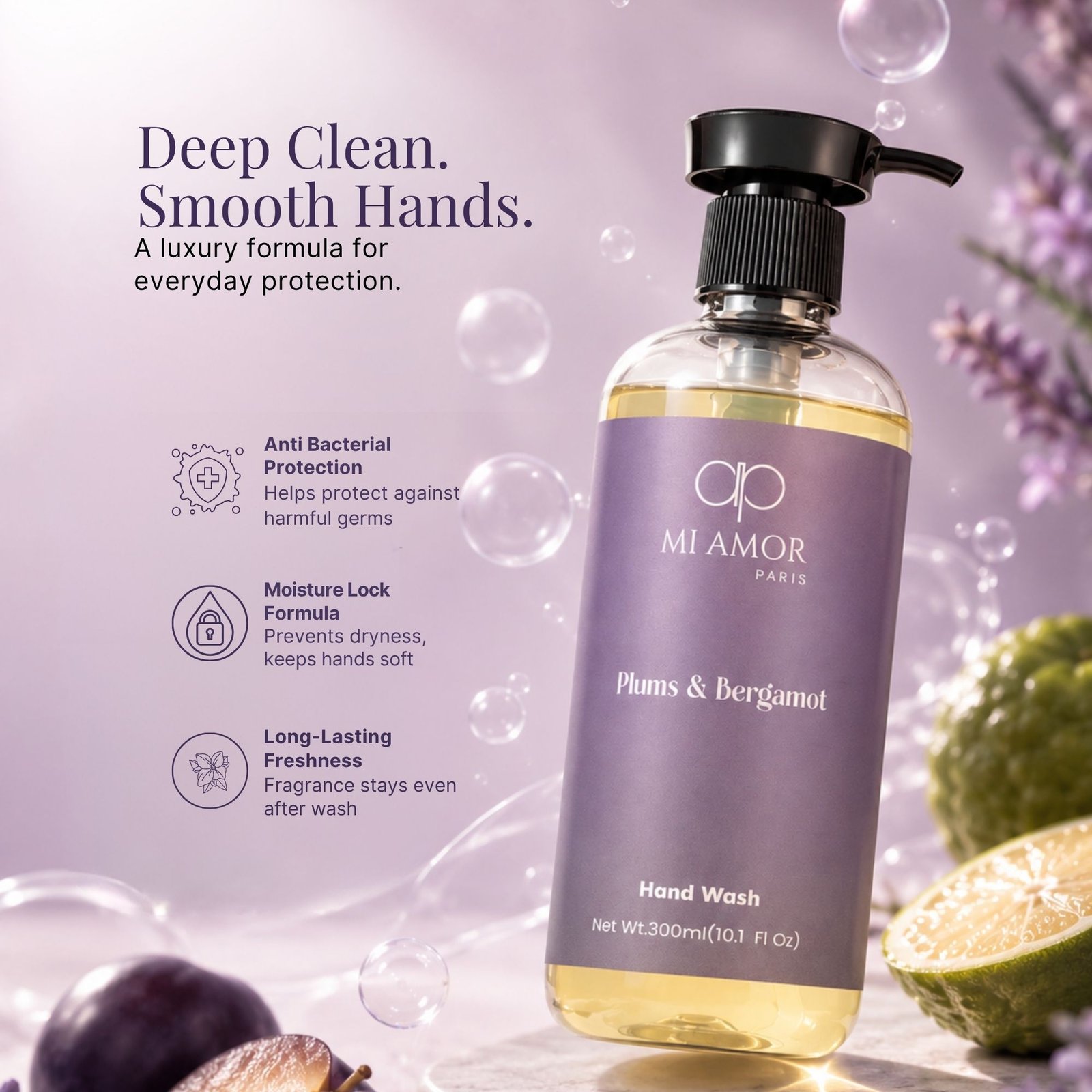 Plums & Bergamot Moisturising Liquid Handwash | Germ Protection | Long Lasting Fragrance | Luxury Liquid Hand Soap for Kitchen & Bathroom | 300 ml - Image 4