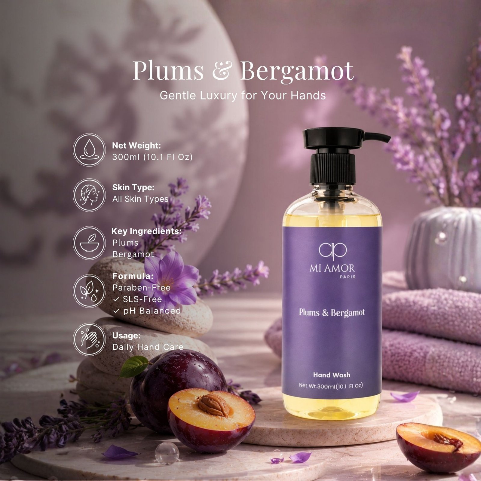 Plums & Bergamot Moisturising Liquid Handwash | Germ Protection | Long Lasting Fragrance | Luxury Liquid Hand Soap for Kitchen & Bathroom | 300 ml - Image 6