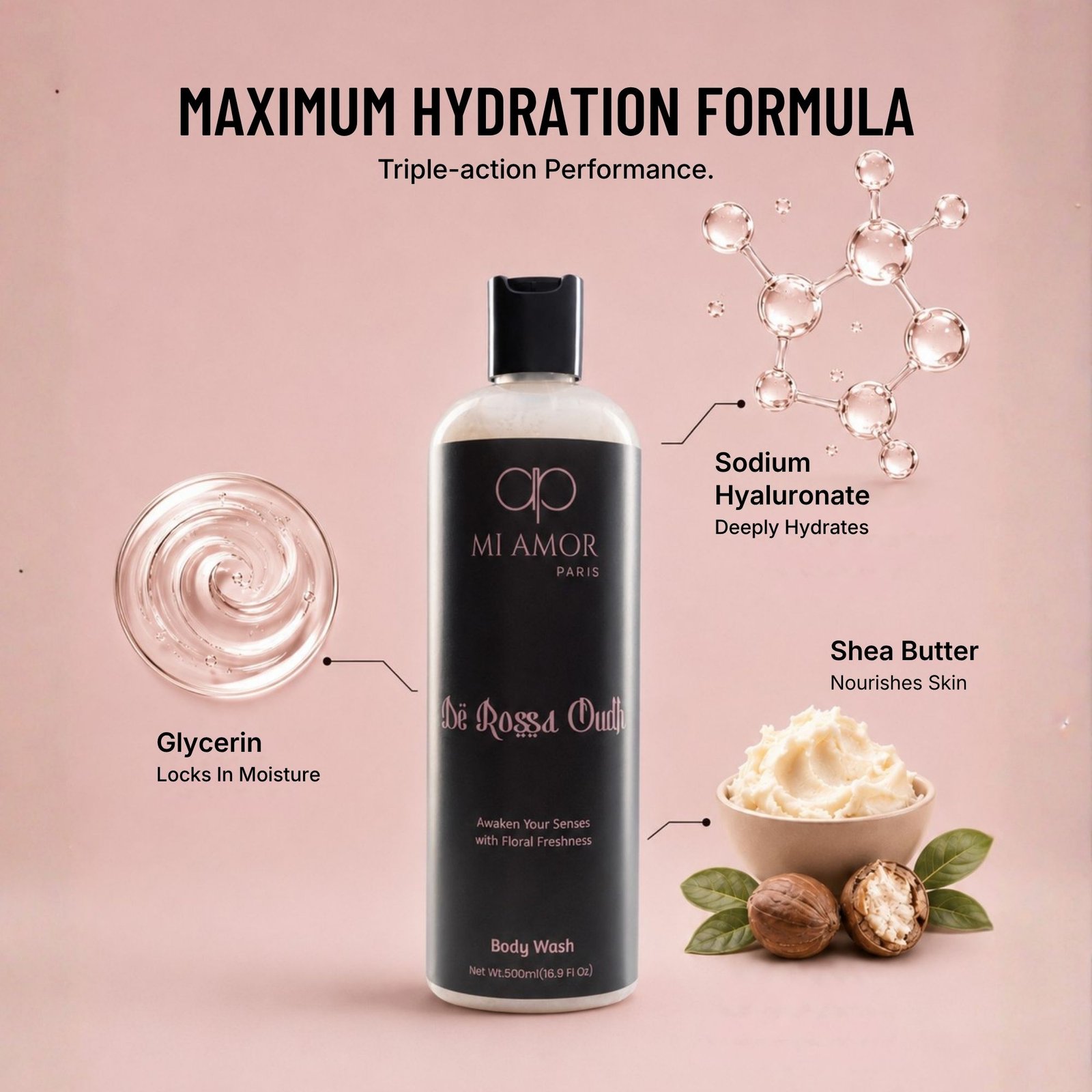 MI AMOR PARIS De Rossa Oudh Moisturising Body Wash | Premium Grooming Essential for Men | 500 ml - Image 2