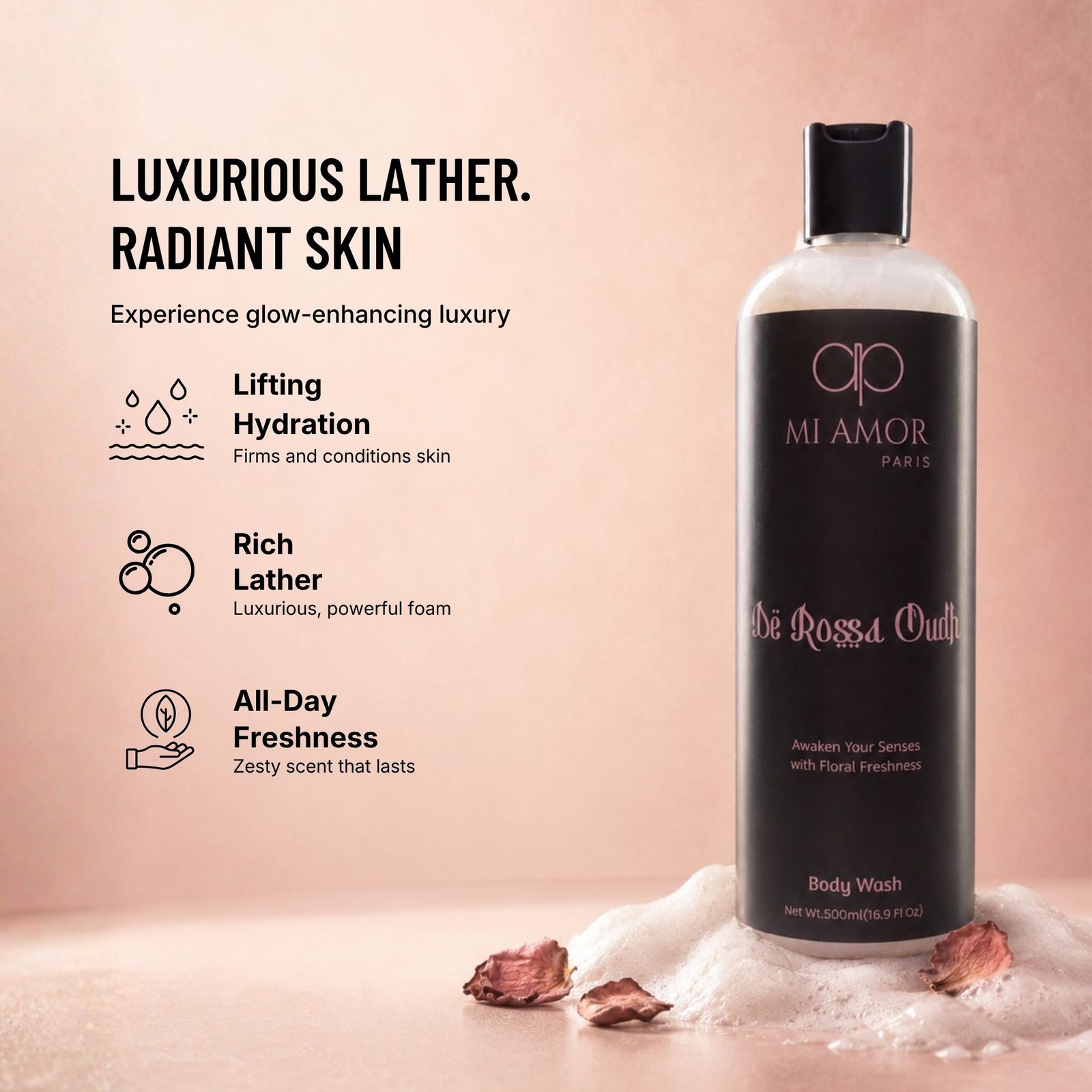 MI AMOR PARIS De Rossa Oudh Moisturising Body Wash | Premium Grooming Essential for Men | 500 ml - Image 3