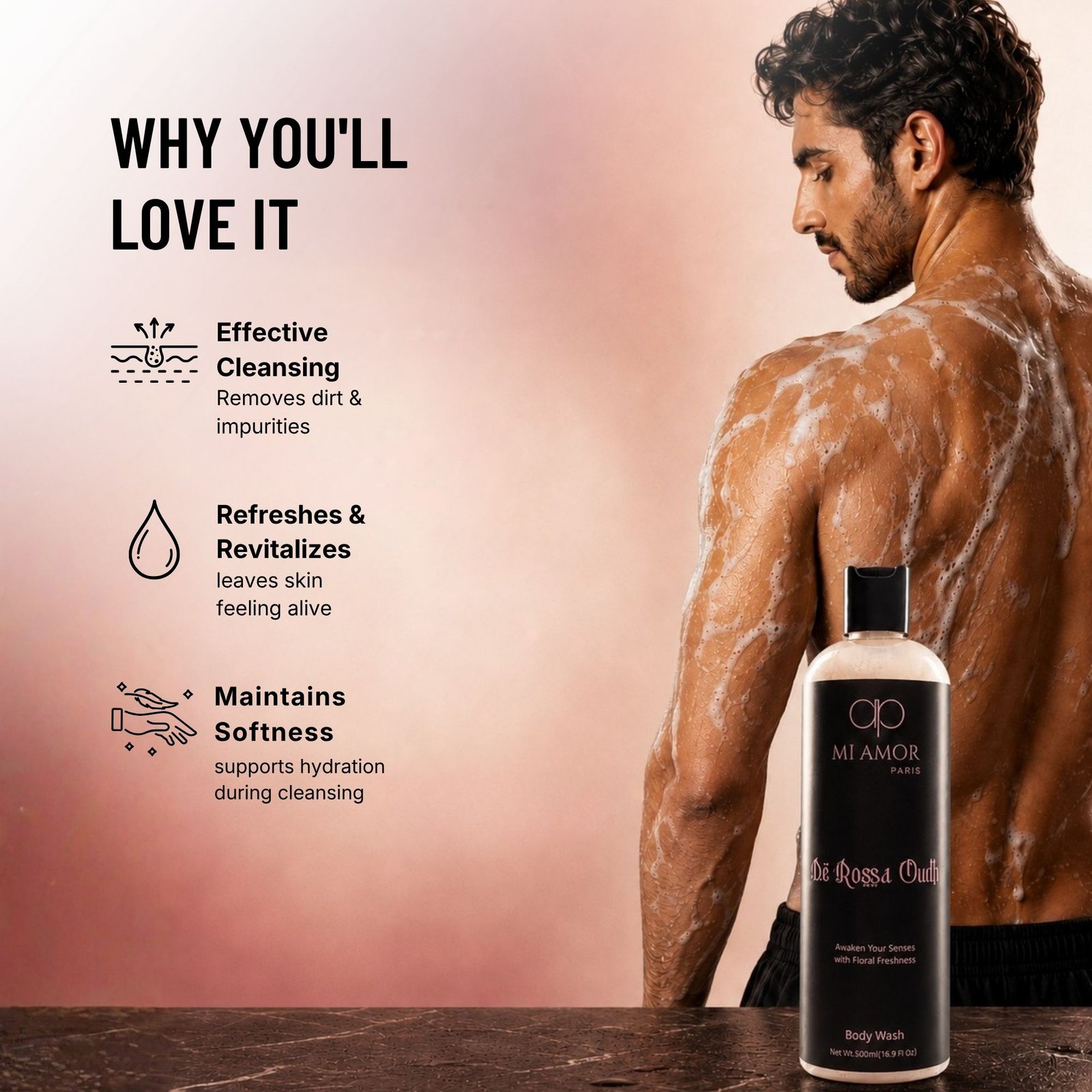 MI AMOR PARIS De Rossa Oudh Moisturising Body Wash | Premium Grooming Essential for Men | 500 ml - Image 4