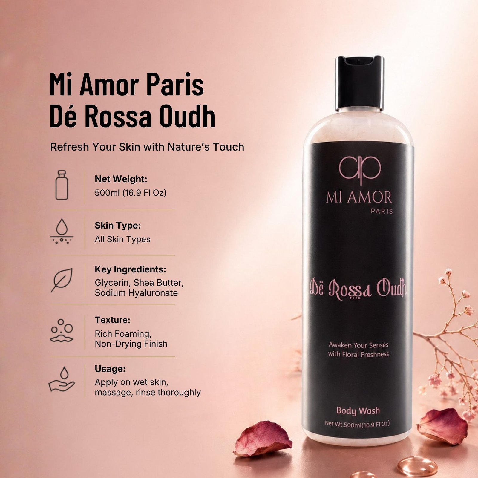 MI AMOR PARIS De Rossa Oudh Moisturising Body Wash | Premium Grooming Essential for Men | 500 ml - Image 7