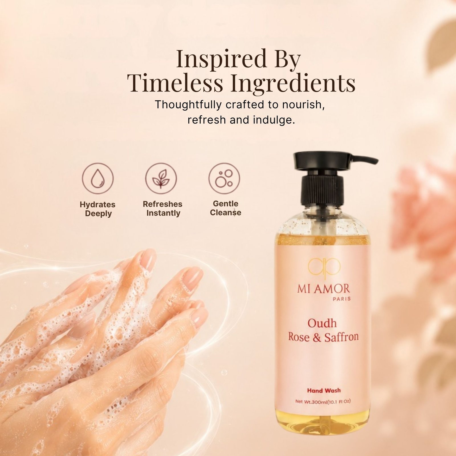 Rose & Saffron Moisturising Liquid Hand Wash | Hydrating & Moisture Lock Formula | Gentle Hand Wash | Luxury Liquid Hand Soap for Kitchen & Bathroom | 300 ml - Image 3