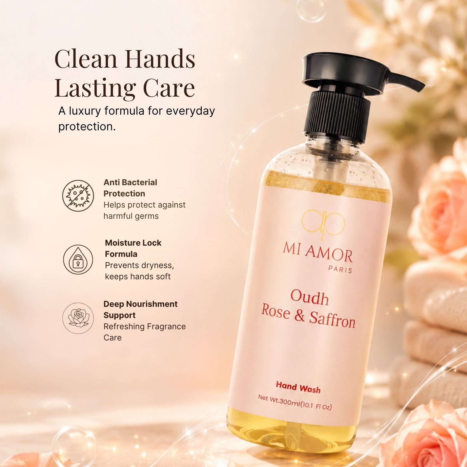 Rose & Saffron Moisturising Liquid Hand Wash | Hydrating & Moisture Lock Formula | Gentle Hand Wash | Luxury Liquid Hand Soap for Kitchen & Bathroom | 300 ml - Image 5