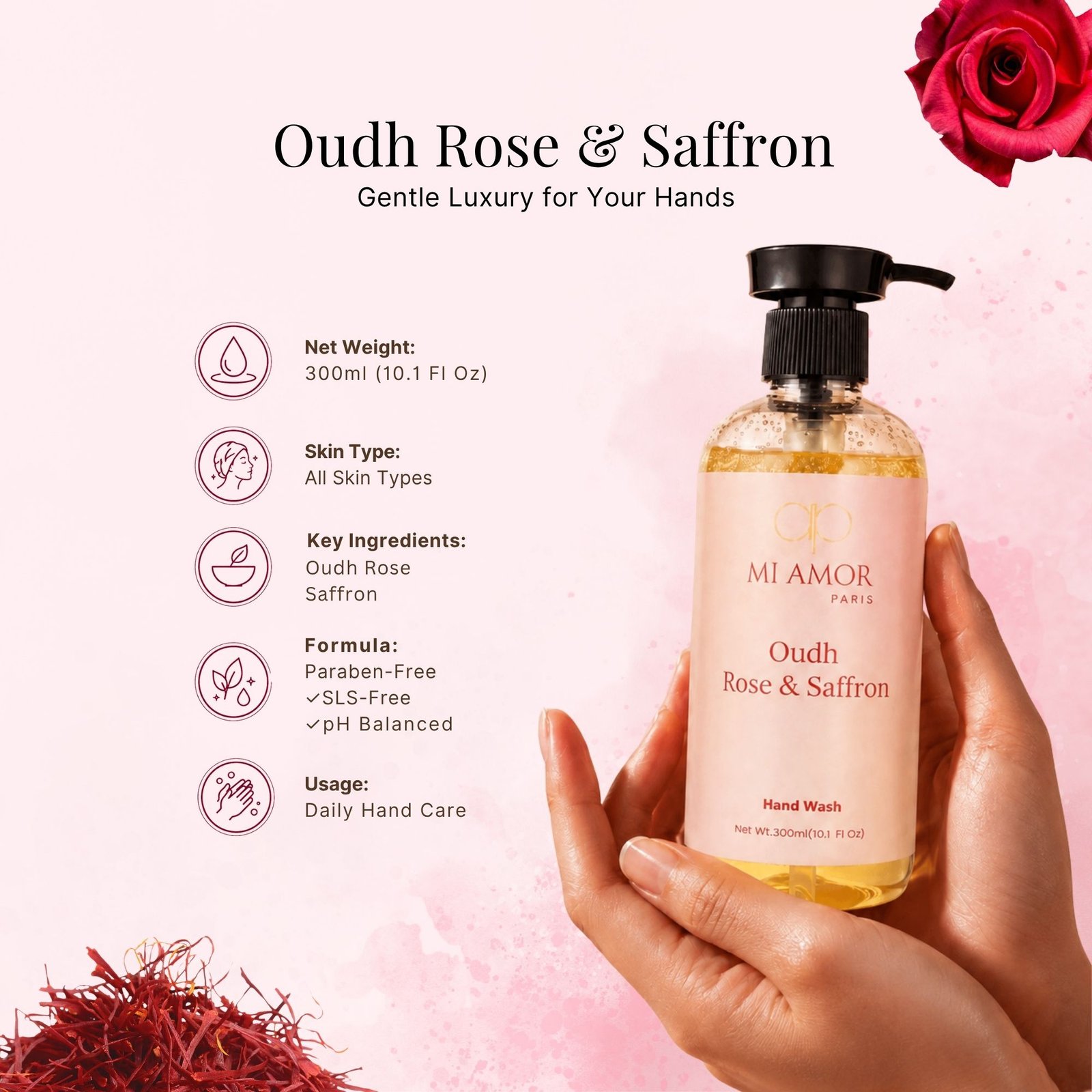 Rose & Saffron Moisturising Liquid Hand Wash | Hydrating & Moisture Lock Formula | Gentle Hand Wash | Luxury Liquid Hand Soap for Kitchen & Bathroom | 300 ml - Image 7